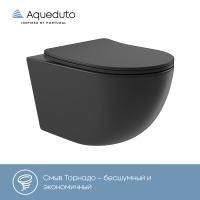 Aqueduto OVO Tornado Унитаз подвесной 525*360 безободковый, Tornado, сиденье с микролифтом, черный матовый