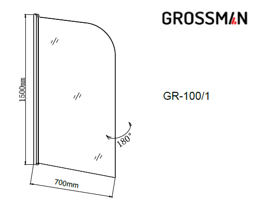 Шторка для ванны Grossman GR-100/1 (150*70) алюминиевый профиль, стекло прозрачное 6мм