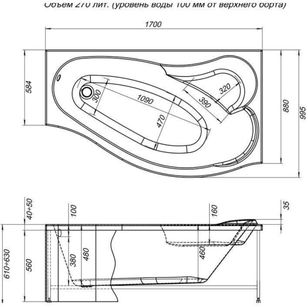 Акриловая ванна Aquanet Palma 170x90/60 R (с каркасом)