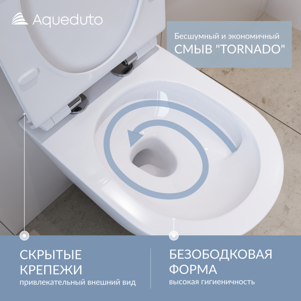 Aqueduto CONE Tornado S Унитаз подвесной 480*360 безободковый, Tornado, сиденье с микролифтом, белый глянцевый