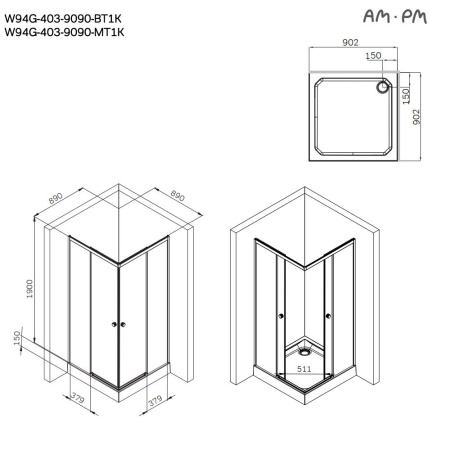 W94G-403-9090-BT1K X-joy Душевое ограждение AM.PM квадратное,раздвиж.двери 90x90 черный мат.