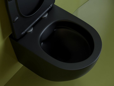 Подвесной унитаз Ceramicanova Uno Rimless, глубокий смыв, с крепежом для полностью скрытого монтажа,  ультратонким сидением из дюропласта и крышкой с функцией плавного закрытия, цвет черный матовый CN11001MB
