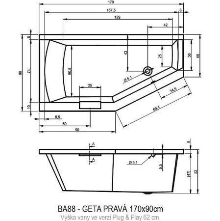 Акриловая ванна Riho Geta 170x90 R Plug&Play BD4800500000000