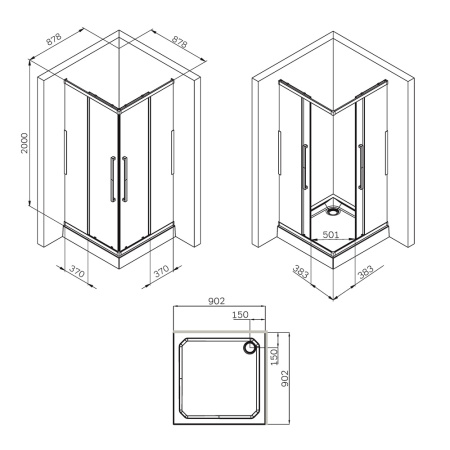 W84G-403-9090-BТ Душевое ограждение AM.PM Func Square Slide 90х90, черный, прозрачное