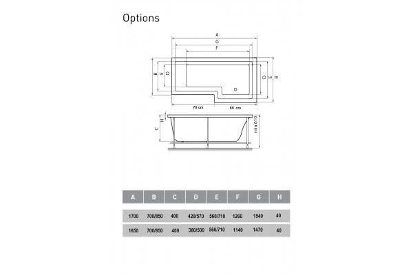 Ванна акриловая правосторонняя Vayer Options Гл000023295, 165x85