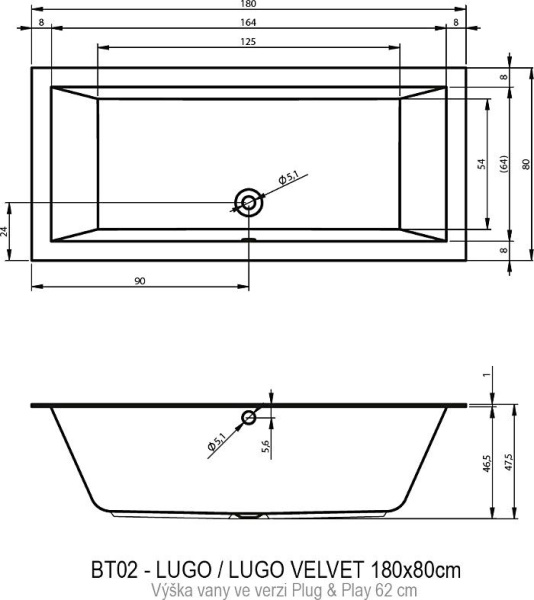 Акриловая ванна Riho Lugo Plug&Play 180х80 L BD6400500000000