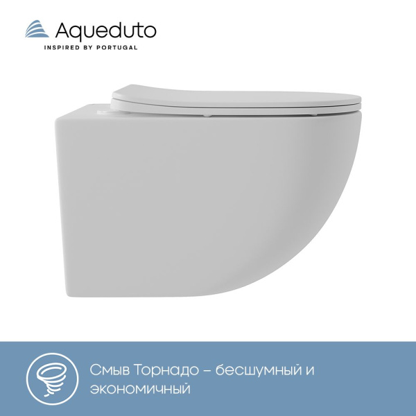 Aqueduto OVO Tornado Унитаз подвесной 525*360 безободковый, Tornado, сиденье с микролифтом, белый матовый