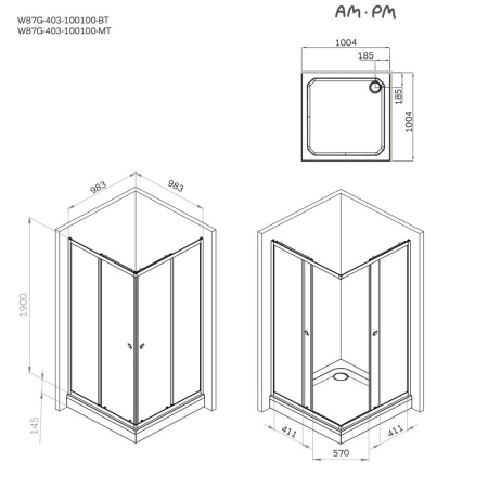 W87G-403-100100-BT Sunny Душевое ограждение AM.PM квадратное, раздвижн двери 100x100 черный,стекло прозрачн