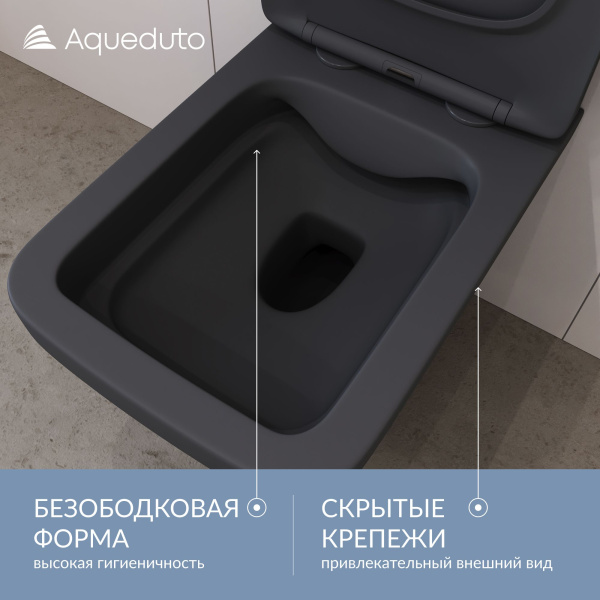 Aqueduto ESTETA Унитаз подвесной 520*370 безободковый, сиденье с микролифтом, черный матовый