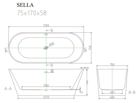 Акриловая ванна отдельностоящая Cerutti SPA SELLA 170x75