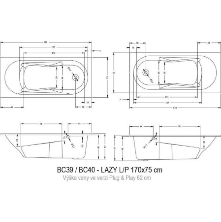 Акриловая ванна Riho Lazy 170x75 L Plug&Play BD8000500000000