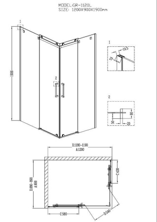 Душевое ограждение Grossman GR-1120L Cosmo 120*90*190 прямоугольник, двери раздвижные