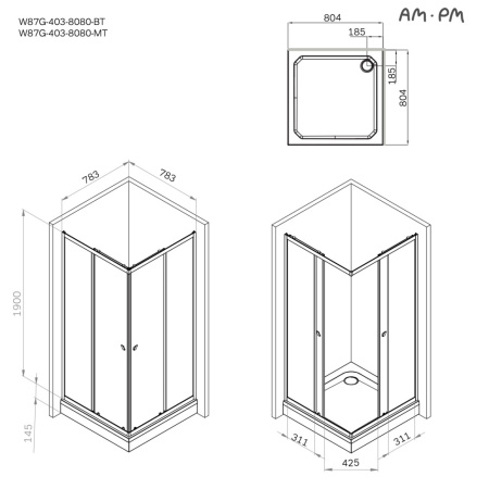 W87G-403-8080-BT Sunny Душевое ограждение AM.PM квадратное, раздвижн двери 80x80 черный,стекло прозрачное