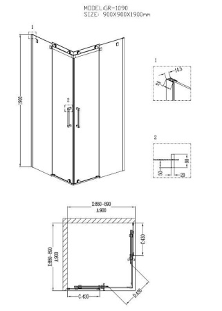 Душевое ограждение Grossman GR-1090 Cosmo 90*90*190 квадрат, двери раздвижные
