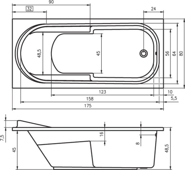 Акриловая ванна с усиленным каркасом и сифоном Riho Columbia 175x80 BA0400500000000