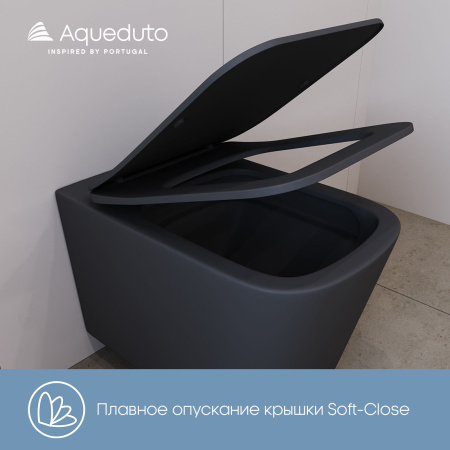Aqueduto MACIO Tornado Унитаз подвесной 520*370 безободковый, Tornado, сиденье с микролифтом, черный матовый