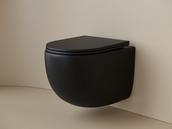Подвесной унитаз Ceramicanova UP безободковый, смыв Торнадо, с крепежом для полностью скрытого монтажа, ультратонким сидением с функцией быстрого снятия и крышкой с функцией плавного закрытия, цвет черный матовый CN4007MB