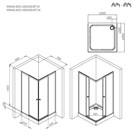 W94G-403-100100-BT1K X-joy Душевое ограждение AM.PM квадратное,раздвиж.двери 100x100 черный мат.