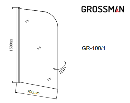 Шторка для ванны Grossman GR-100/1 (150*70) алюминиевый профиль, стекло прозрачное 6мм