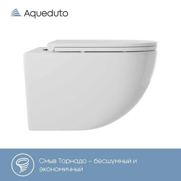 Aqueduto OVO Tornado Унитаз подвесной 525*360 безободковый, Tornado, сиденье c микролифтом, белый глянцевый