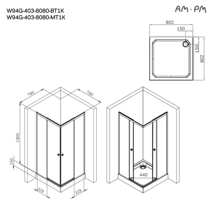 W94G-403-8080-BT1K X-joy Душевое ограждение AM.PM квадратное,раздвиж.двери 80x80 черный мат