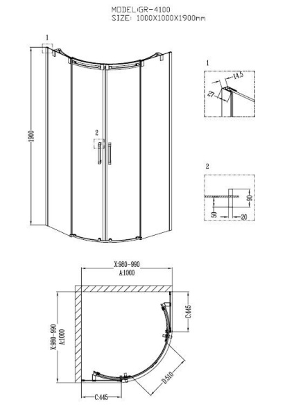 Душевое ограждение Grossman GR-4100 Galaxy 100*100*190 полукруг, двери раздвижные