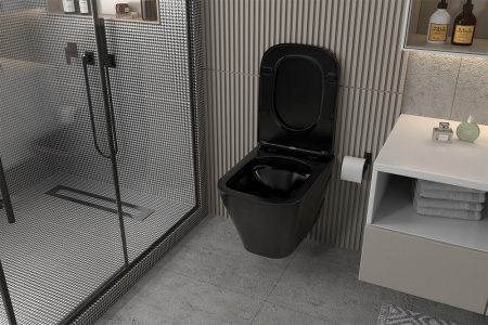 Комплект подвесной унитаз ABBER Rechteck AC1201MB черный матовый с инсталляцией AC0105 и кнопкой AC0120MB черный матовый