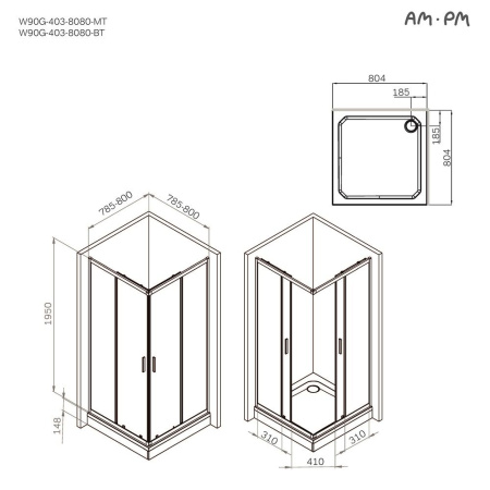 W90G-403-8080-MT Gem Душевое ограждение AM.PM квадратн.,раздвиж.двери 80x80 хром мат.,стекло прозрачное