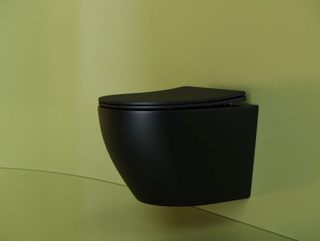Подвесной унитаз Ceramicanova Uno Rimless, глубокий смыв, с крепежом для полностью скрытого монтажа,  ультратонким сидением из дюропласта и крышкой с функцией плавного закрытия, цвет черный матовый CN11001MB