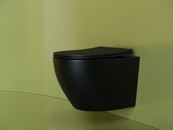 Подвесной унитаз Ceramicanova Uno Rimless, глубокий смыв, с крепежом для полностью скрытого монтажа,  ультратонким сидением из дюропласта и крышкой с функцией плавного закрытия, цвет черный матовый CN11001MB