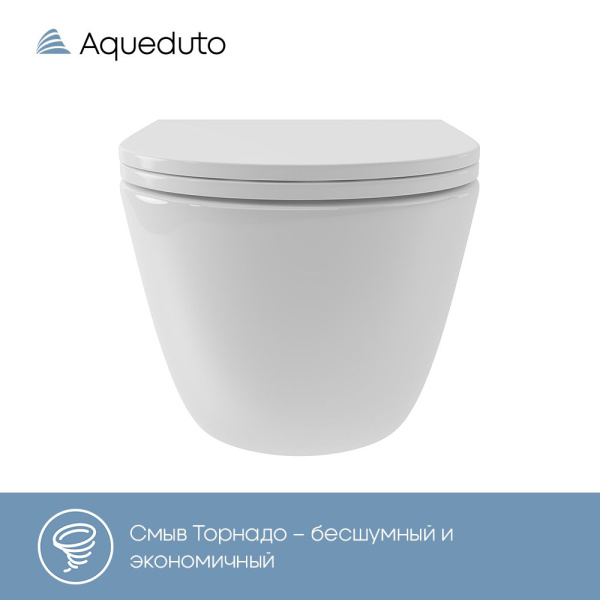 Aqueduto OVO Tornado Унитаз подвесной 525*360 безободковый, Tornado, сиденье c микролифтом, белый глянцевый