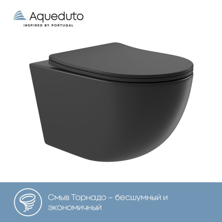 Aqueduto OVO Tornado Унитаз подвесной 525*360 безободковый, Tornado, сиденье с микролифтом, черный матовый