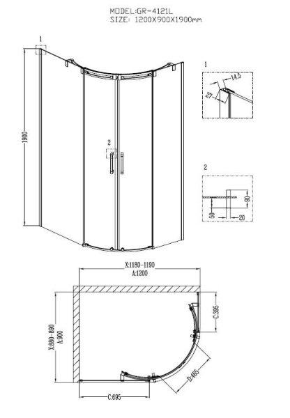 Душевое ограждение Grossman GR-4121L Galaxy 120*90*190 двери раздвижные