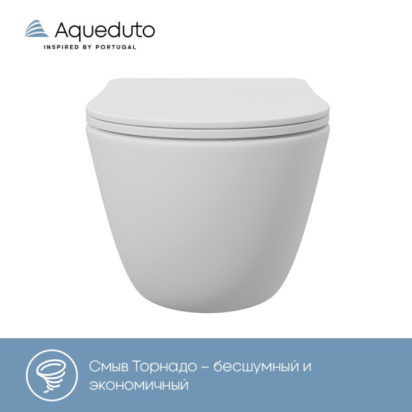 Aqueduto OVO Tornado Унитаз подвесной 525*360 безободковый, Tornado, сиденье с микролифтом, белый матовый