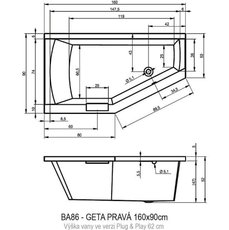 Акриловая ванна Riho Geta 160x90 R Plug&Play BD4600500000000