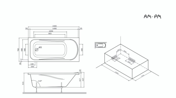 W75A-150-070W-KL Sense Ванна AM.PM 150x70, каркас, слив-перелив, комплект