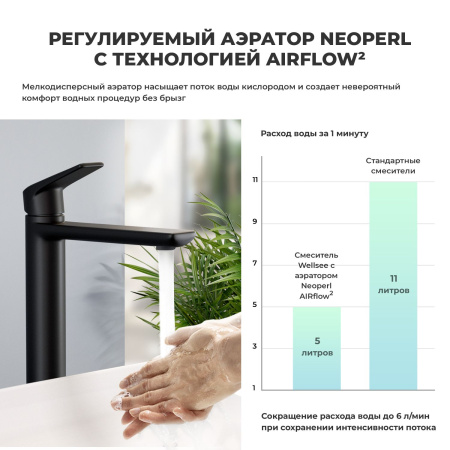 Раковина для ванной Wellsee Pure BY Wellsee 201006452 в наборе 9 в 1: раковина белого глянцевого цвета, высокий смеситель, сифон, выпуск, угловые вентили, аксессуары (цвет матовый черный)