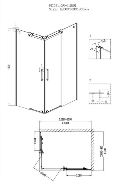 Душевое ограждение Grossman GR-1120R Cosmo 120*90*190 прямоугольник, двери раздвижные
