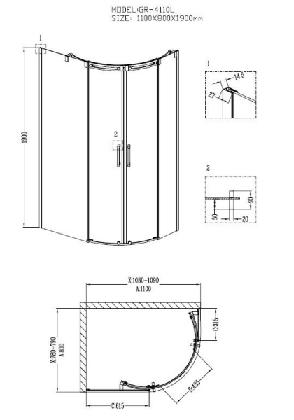Душевое ограждение Grossman GR-4110L Galaxy 110*80*190 двери раздвижные
