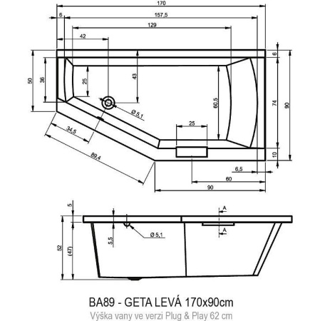 Акриловая ванна Riho Geta 170x90 L Plug&Play BD4900500000000