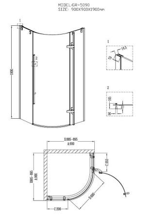 Душевое ограждение Grossman GR-5090 Style 90*90*190 полукруг, дверь распашная