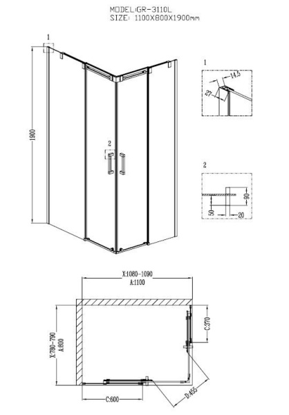 Душевое ограждение Grossman GR-3110L Galaxy 110*80*190 прямоугольник, двери раздвижные