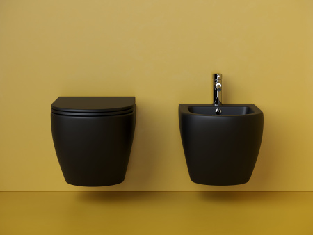 Подвесной унитаз Ceramicanova Metropol Торнадо безободковый, глубокий смыв, с ультратонким сидением с микролифтом функцией быстрого снятия, с крепежом для полностью скрытого монтажа, цвет черный матовый CN4002TMB