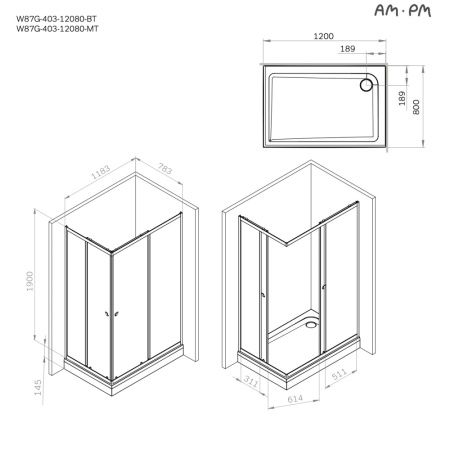 W87G-403-12080-BT Sunny Душевое ограждение AM.PM прямоугольное, раздвижн двери 120x80 черный,стекло прозрачн