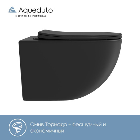 Aqueduto OVO Tornado Унитаз подвесной 525*360 безободковый, Tornado, сиденье с микролифтом, черный матовый