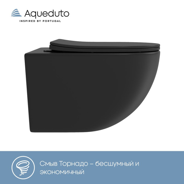 Aqueduto OVO Tornado Унитаз подвесной 525*360 безободковый, Tornado, сиденье с микролифтом, черный матовый