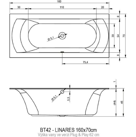 Акриловая ванна Riho Linares 160x75 L Plug&Play BD5200500000000