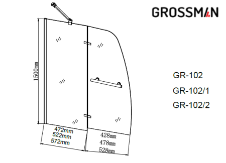 Шторка для ванны Grossman GR-102 (150*90) алюминиевый профиль, стекло прозрачное 6мм