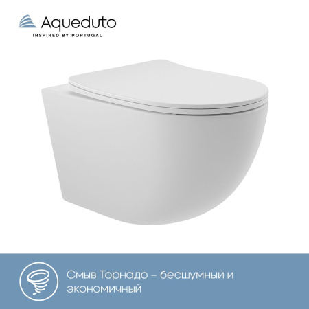 Aqueduto OVO Tornado Унитаз подвесной 525*360 безободковый, Tornado, сиденье с микролифтом, белый матовый