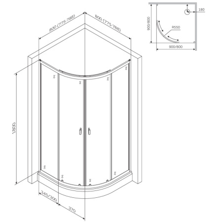 W88G-205-080MT64 X-Joy Twin Slide,  Душевое ограждение AM.PM без  поддона, 80x80, профиль мат хром